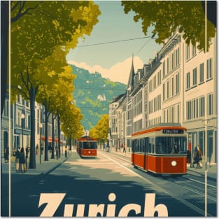 This vibrant travel poster showcases Zurichs classic architecture and picturesque streets, featuring red trams weaving through a lively Posters and Art